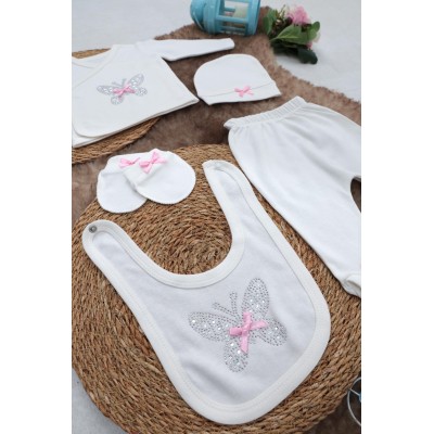 Sema Baby 5 Parça Hastane Çıkışı Zıbın Seti 0-3 Ay - Pink Butterfly-Sema Baby Sema Baby 5 Parça Hastane Çıkışı Zıbın Seti 0-3 Ay - Pink Butterfly-Sema Baby
